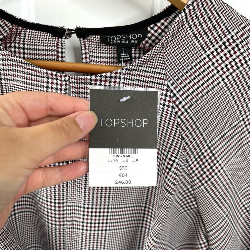 Topshop NEW Houndstooth Front Tie Plaid White Red Mini DresS Size 4 - Picture 4 of 16